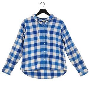 L.L. Bean Women's Sz XS Hoodie Button Shirt Buffalo Plaid Blue Western Outdoors